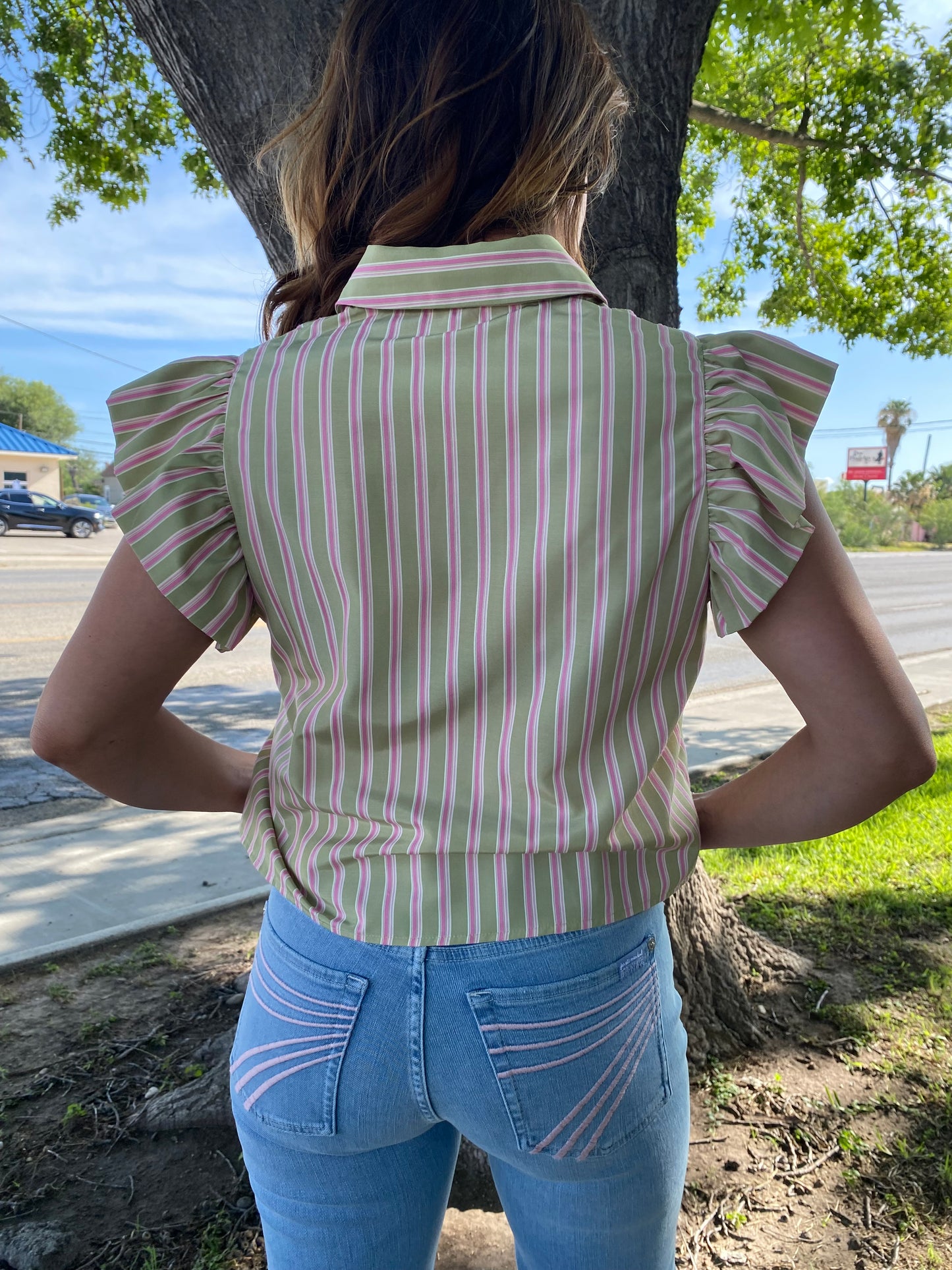 THML-flutter sleeve stripped top