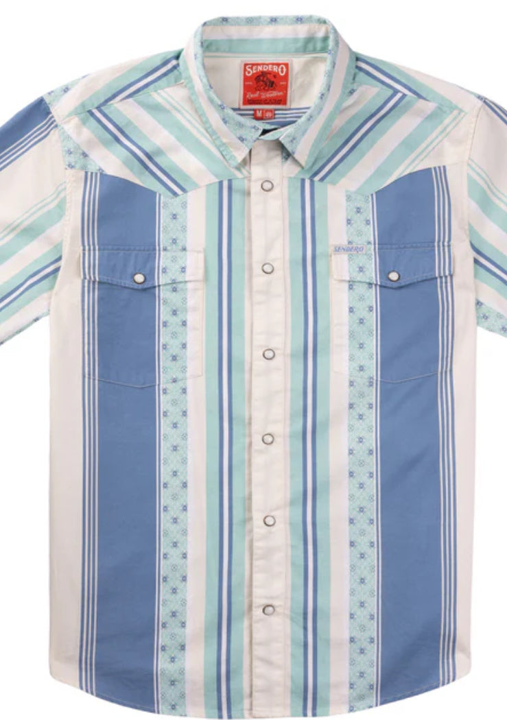 SERAPE PEARL SNAP SHORT SLEEVE-Retro Stripe Teal