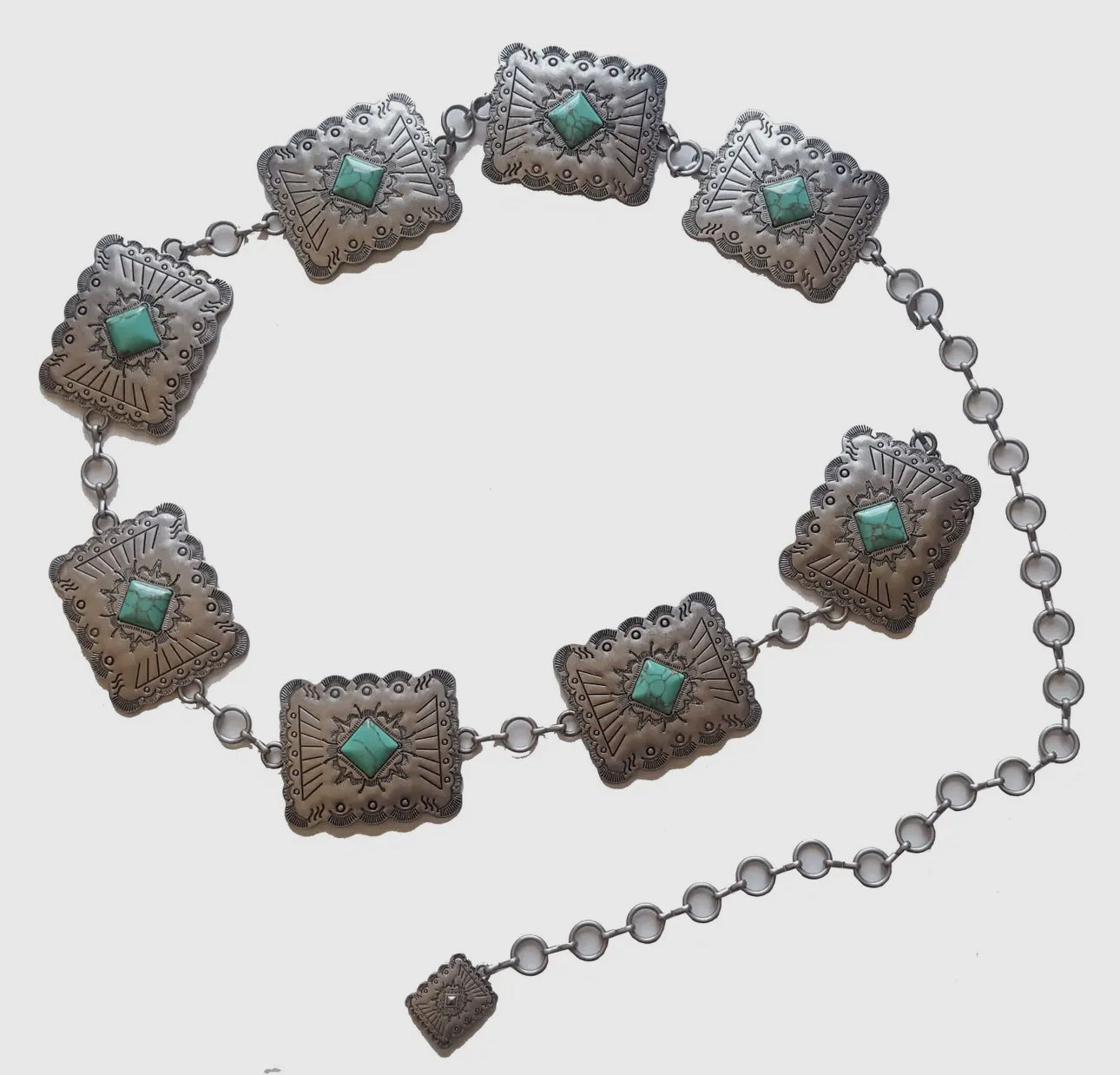 Western Silver Rectangular Concho Chain Belt with Turquoise Stones