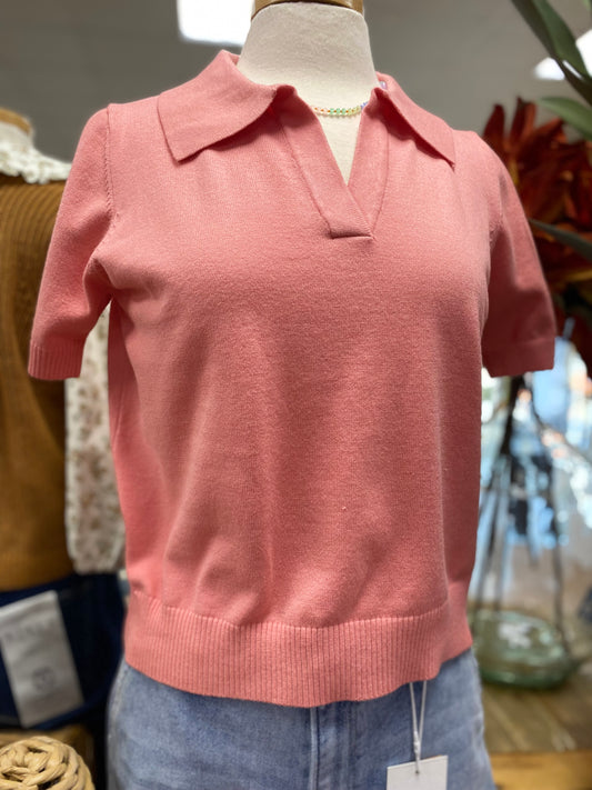 THML-short sleeve collared top pink