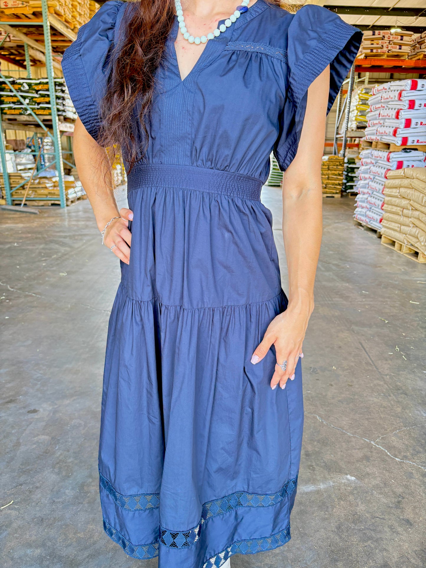 THML-RUFFLE V NECK MIDI DRESS