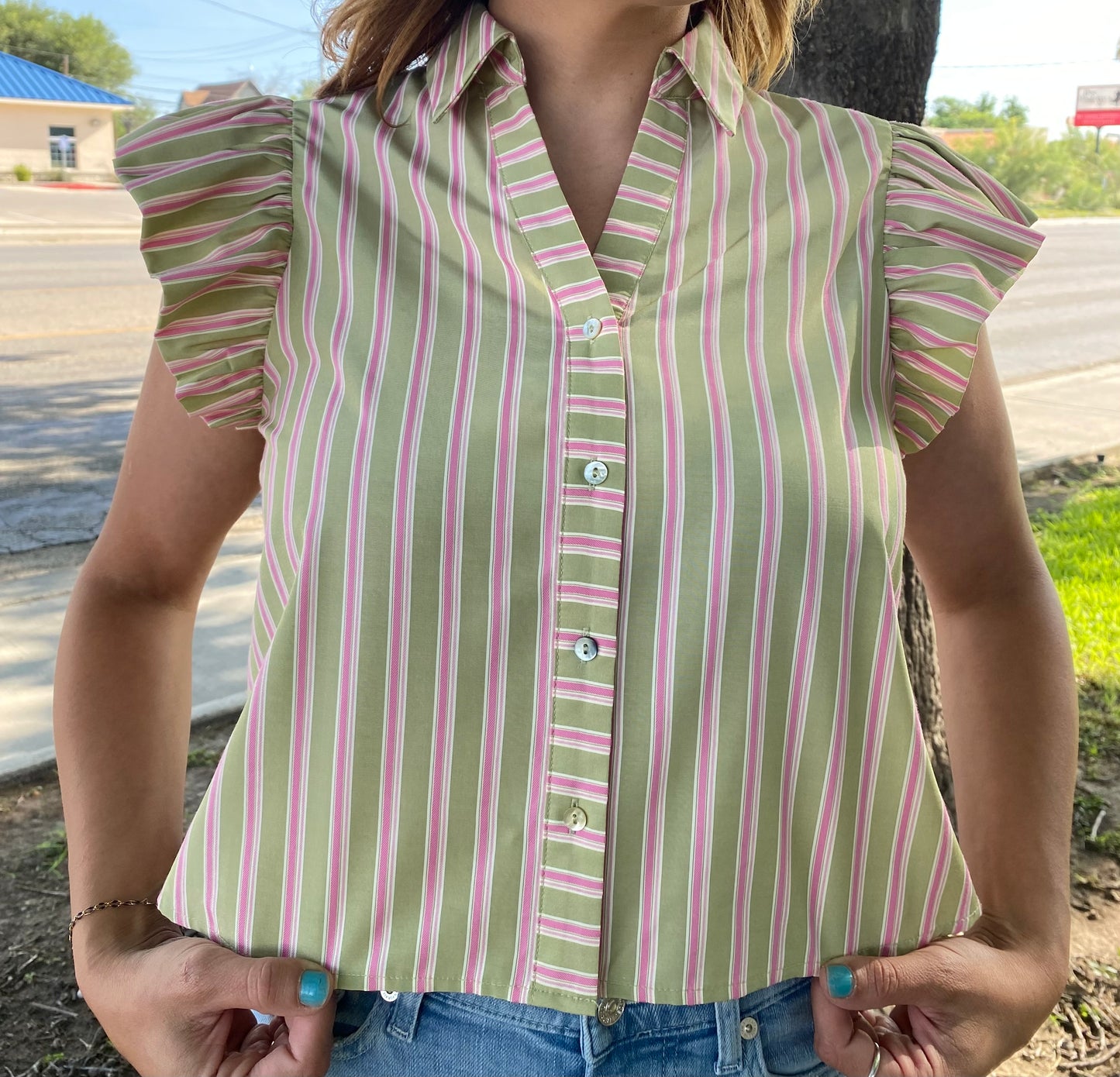 THML-flutter sleeve stripped top