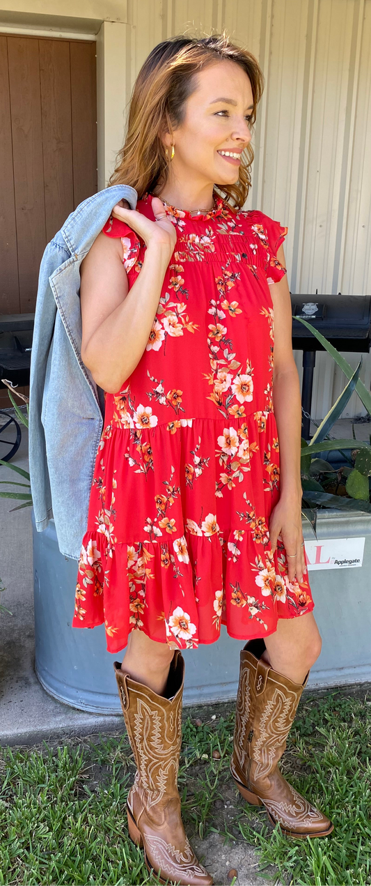 Red Floral Tie Mini Dress