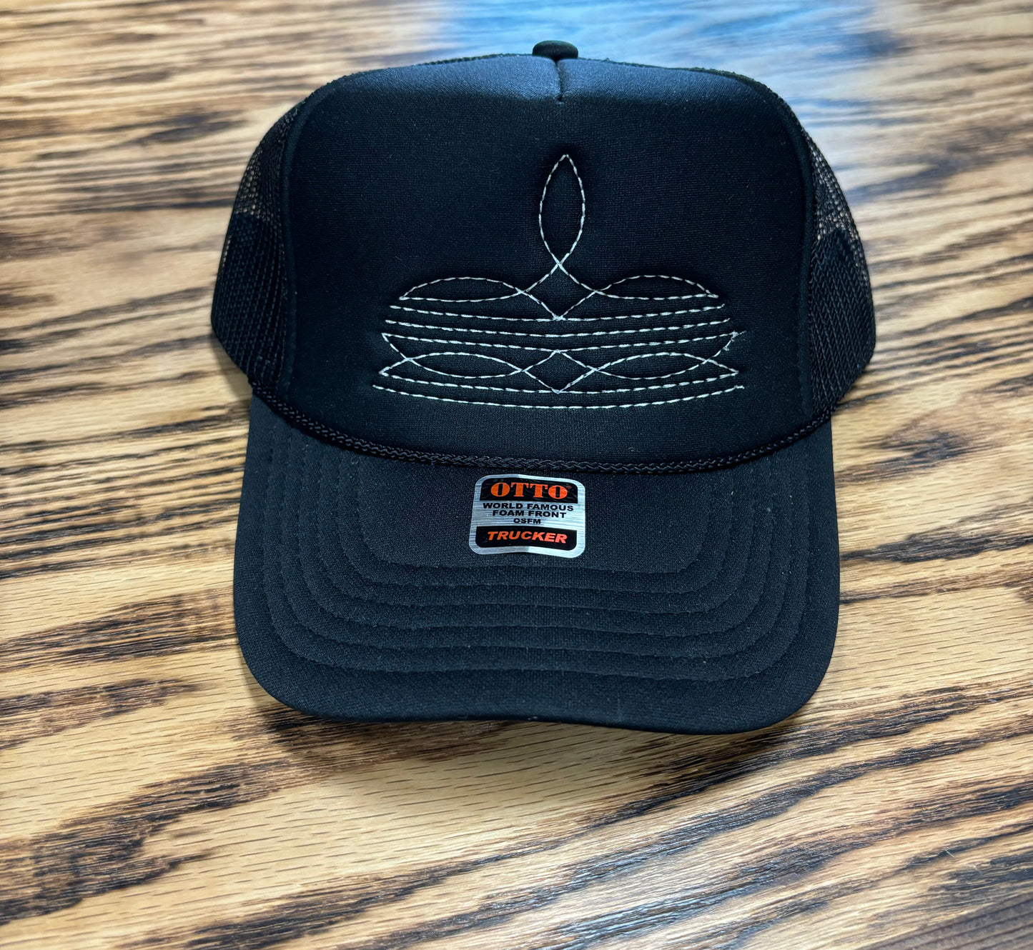 Black and White Boot Stitch Trucker Cap