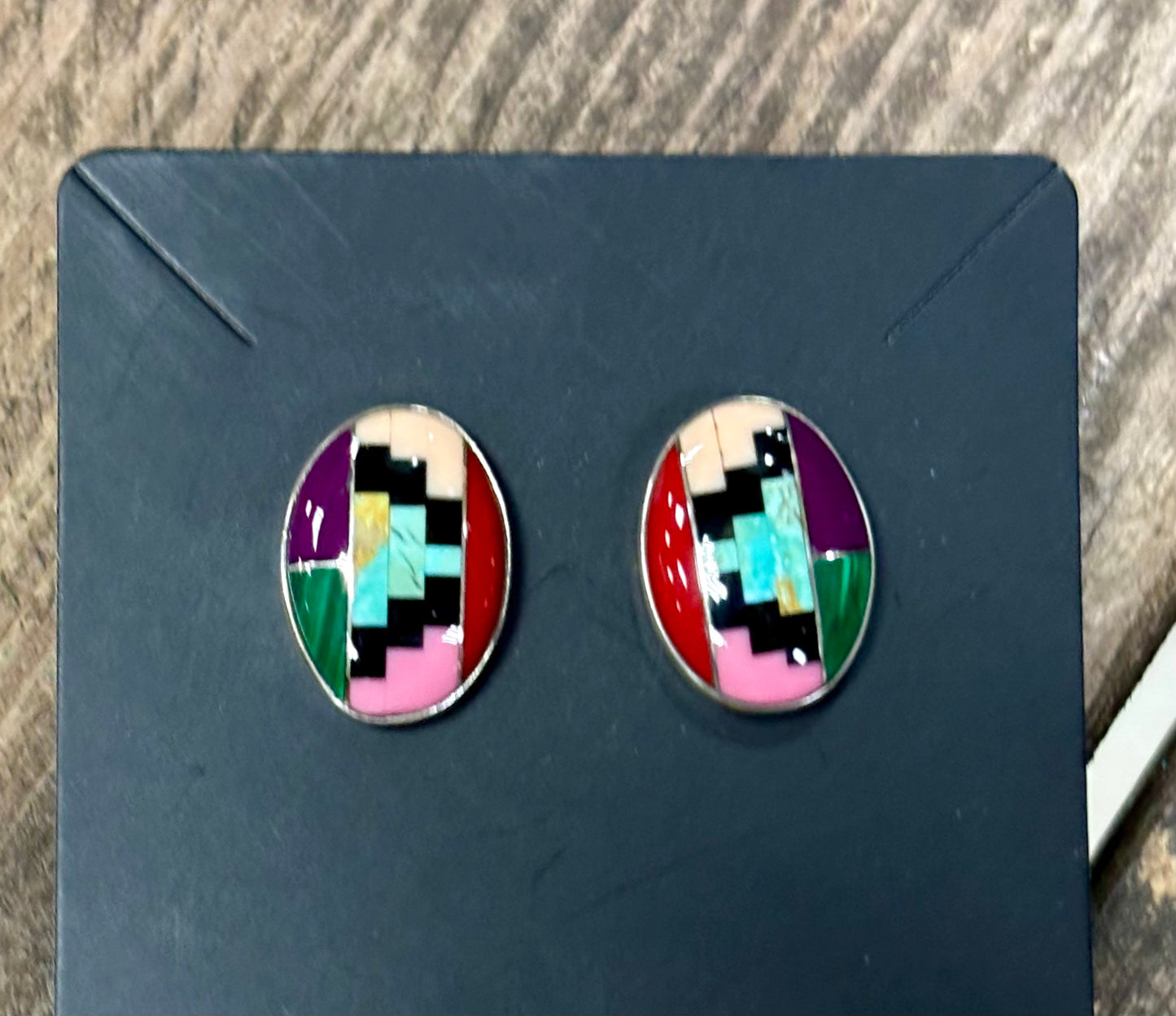 Aztec Inlay Stud Sterling Silver Post Earrings