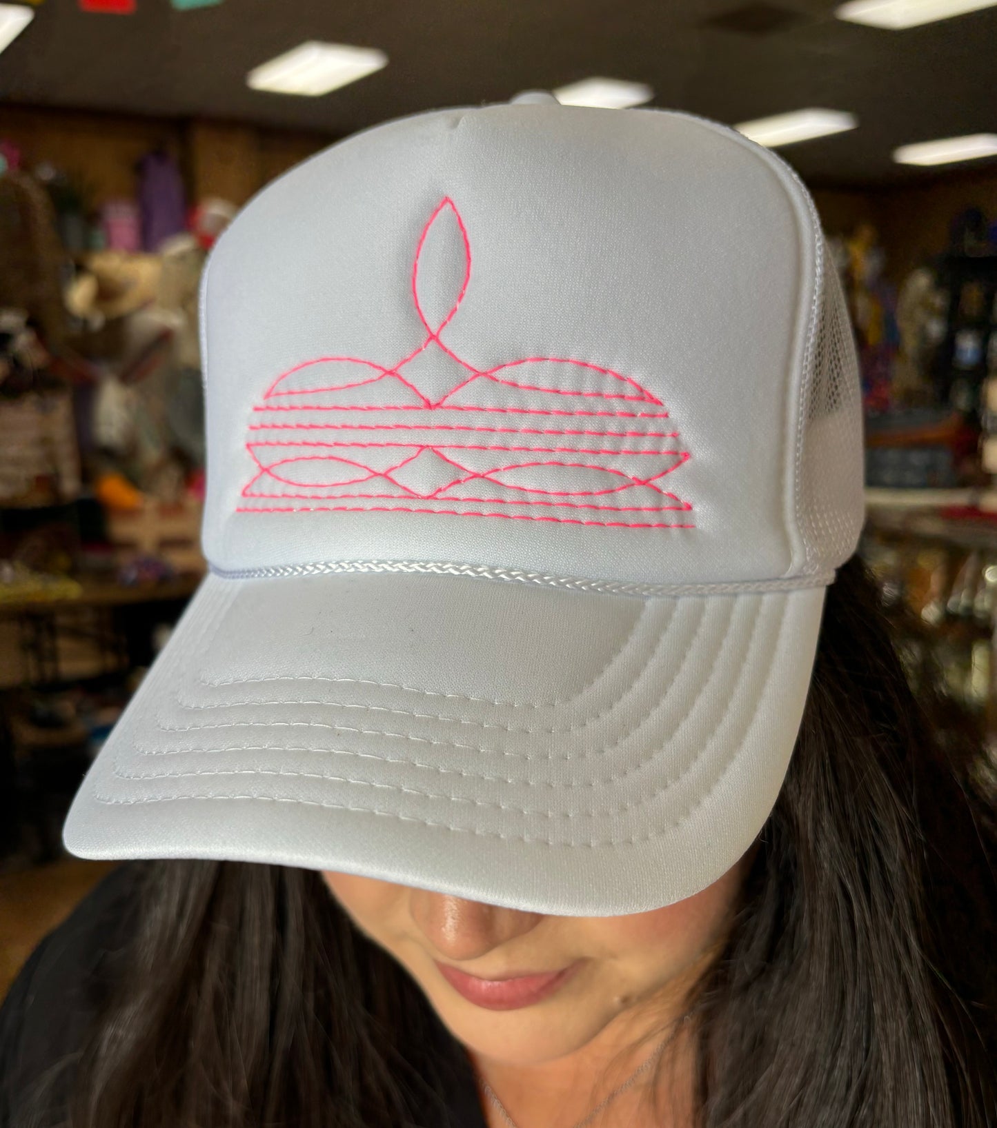 White with Pink Boot Stitch Trucker Cap