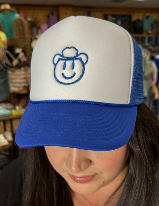 Cowboy Smiley Face Blue Trucker Cap