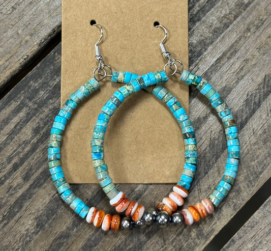 Sterling Silver, Turquoise and Spiny Oyster Hoop Earrings