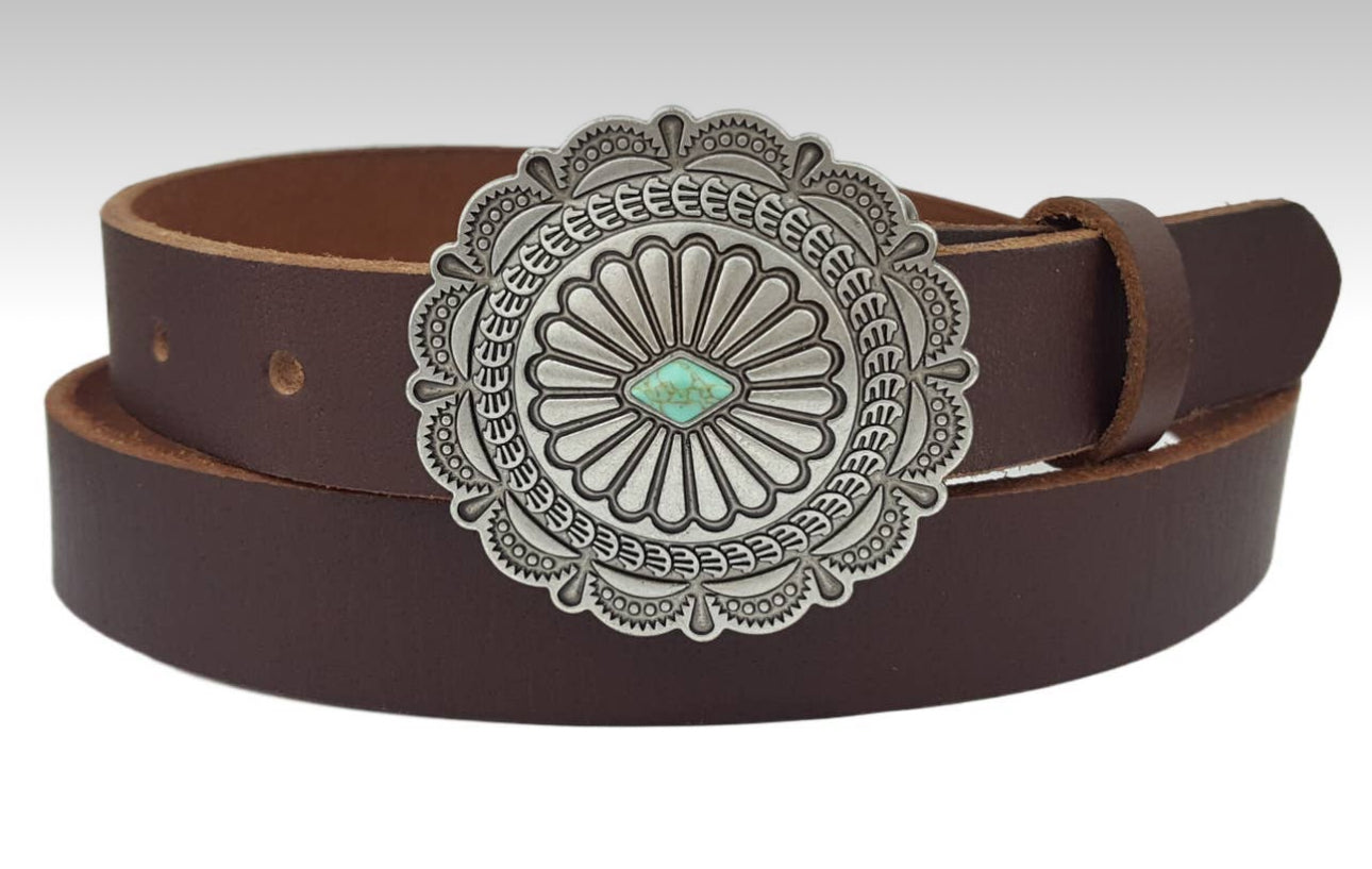 Leather Concho Buckle Belt with Turquoise Accent