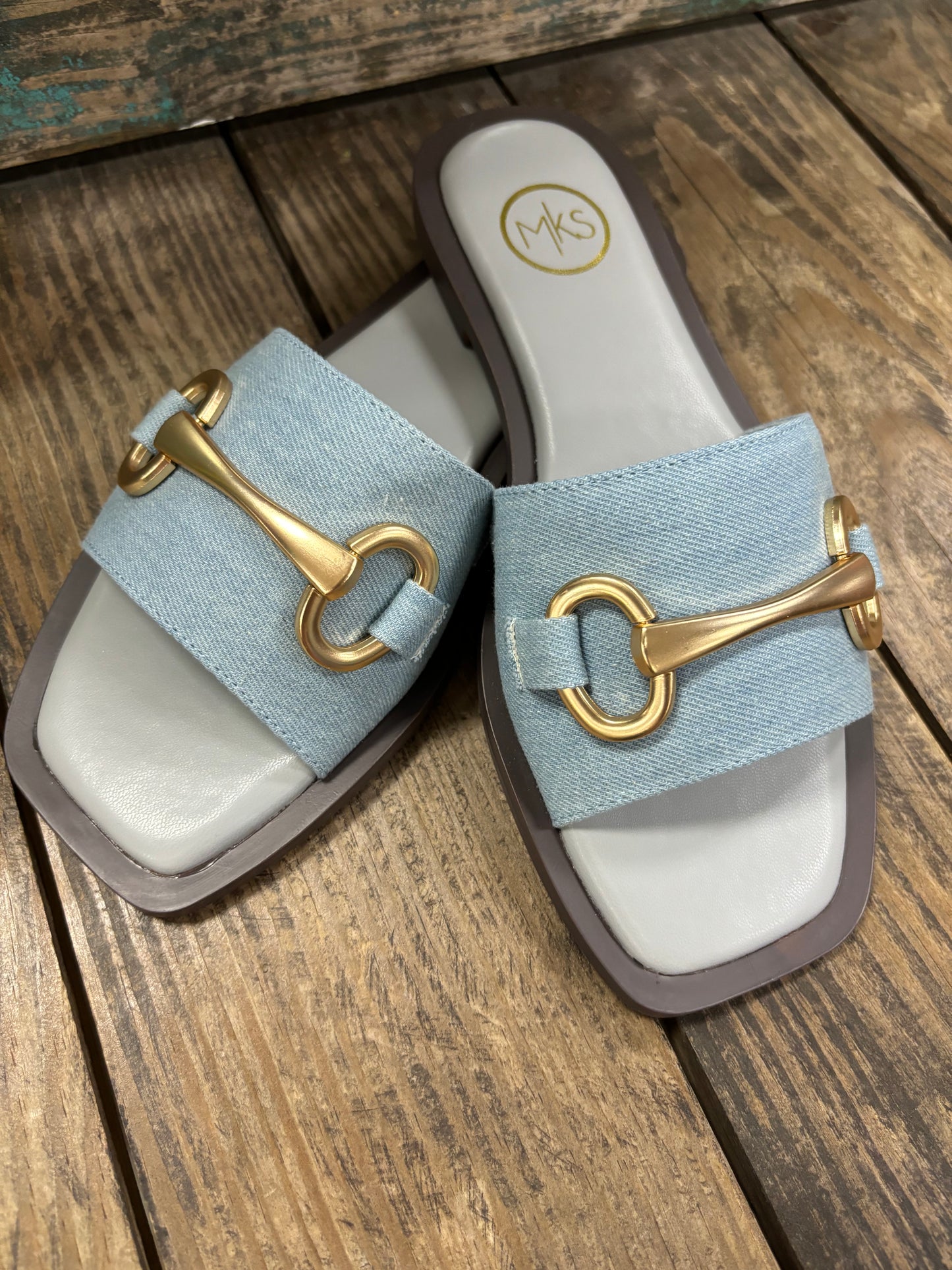 Denim Flats with Gold Bit Accent