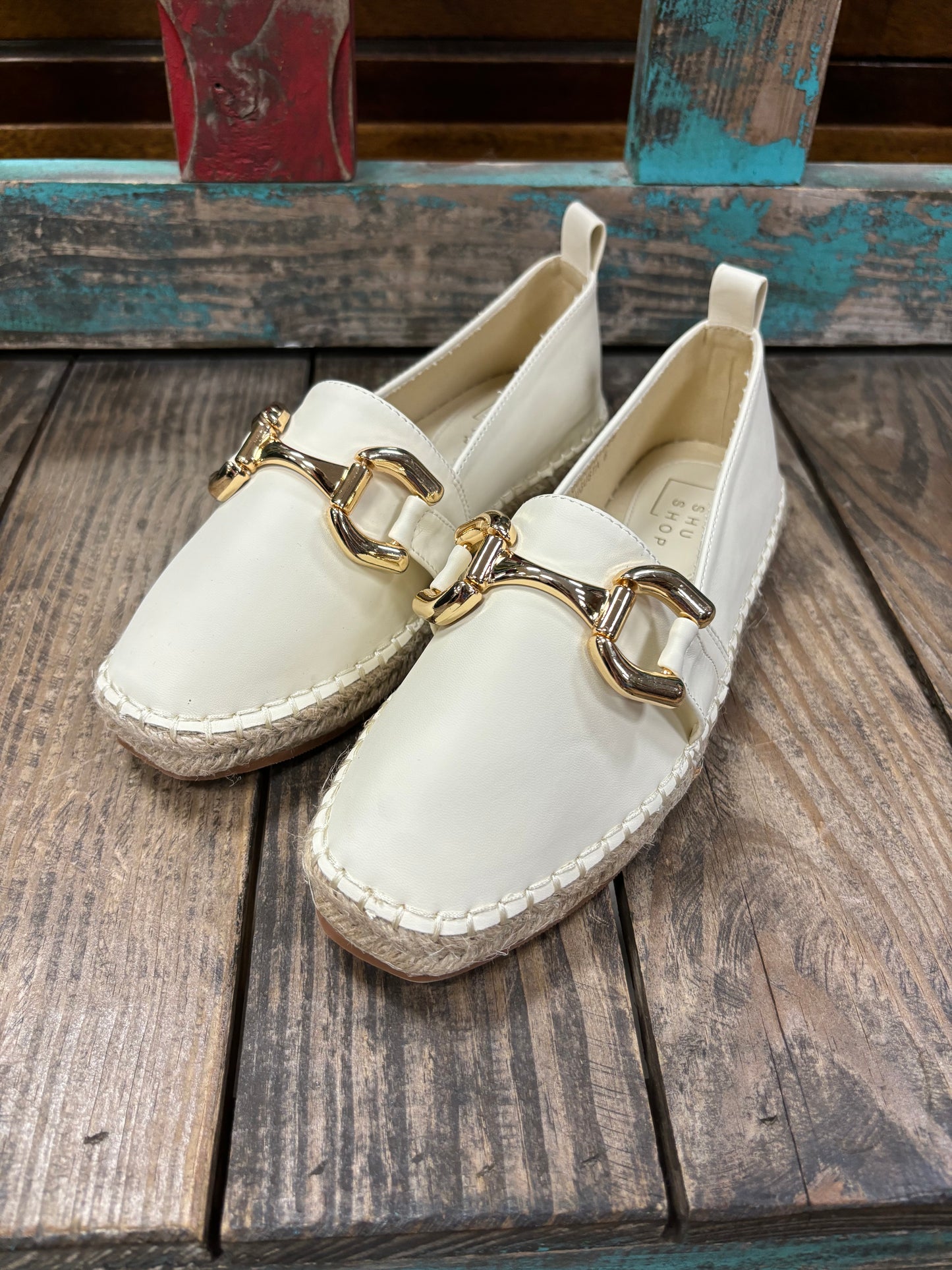 Shu Shop Augusta Cream Leather Espadrilles with Gold Bit Accent