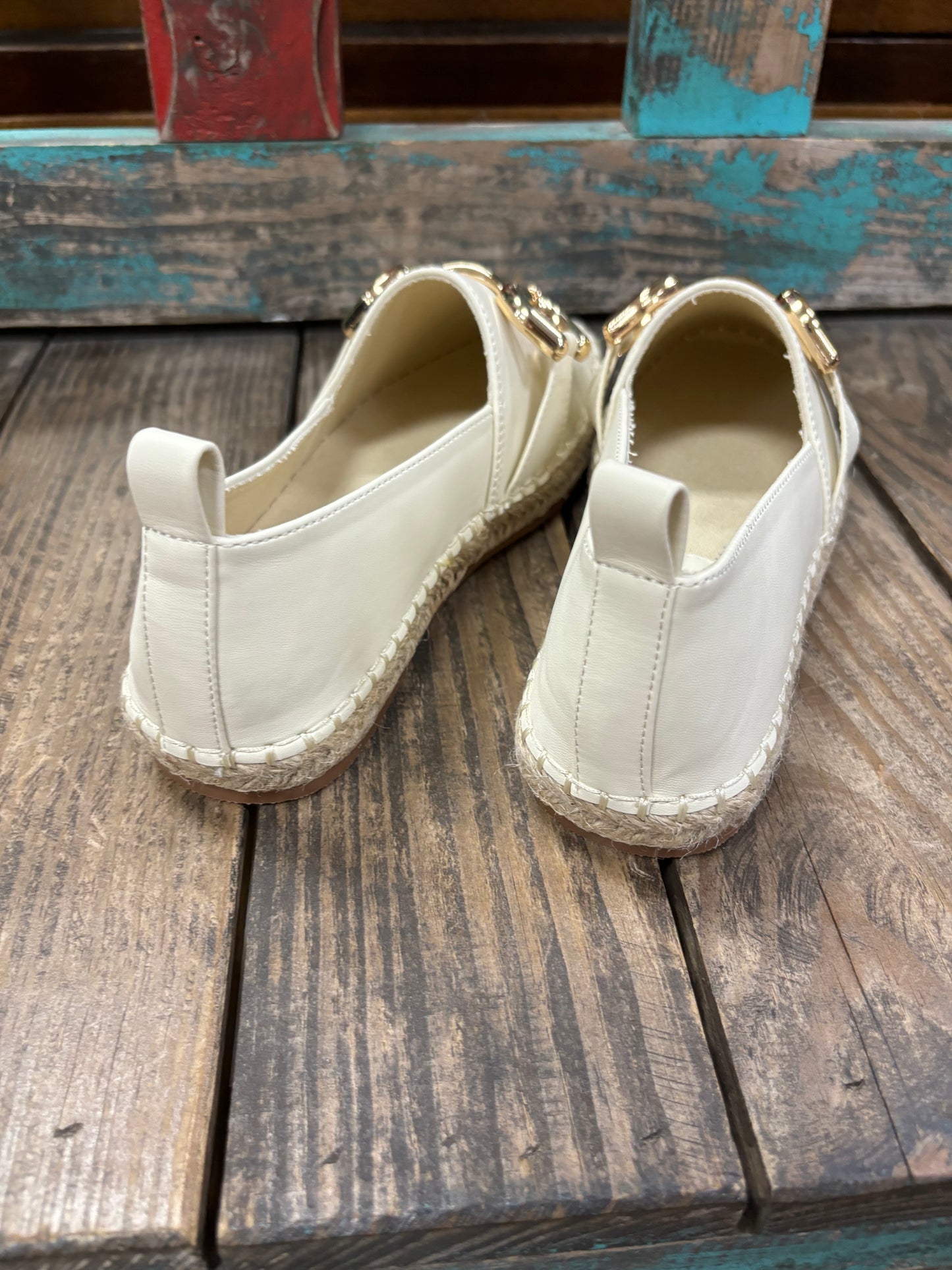 Shu Shop Augusta Cream Leather Espadrilles with Gold Bit Accent