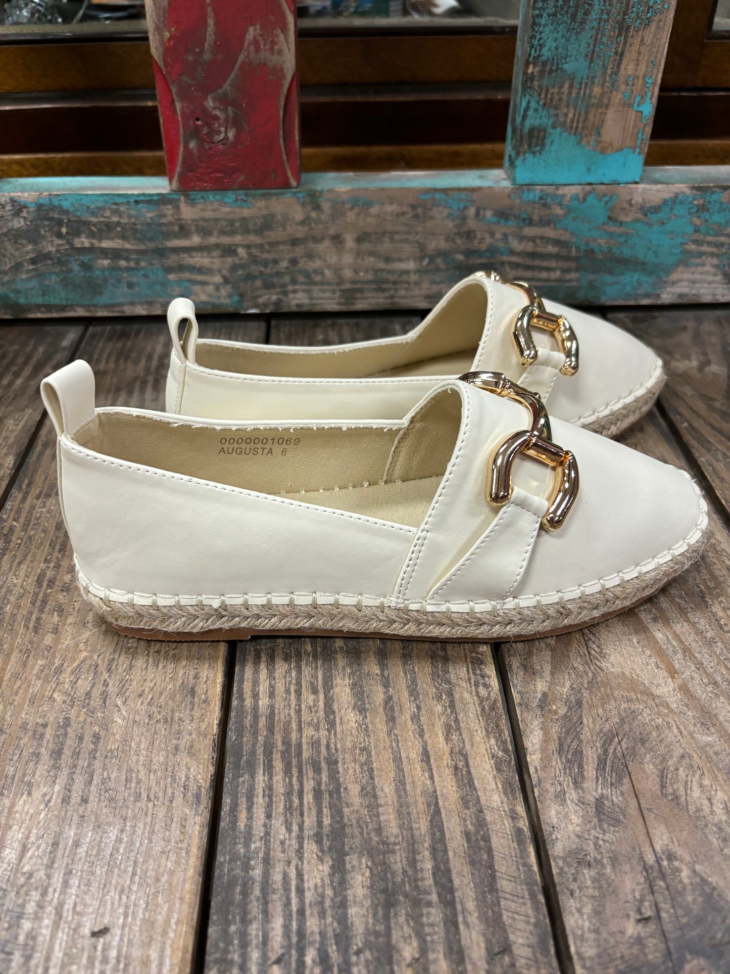 Shu Shop Augusta Cream Leather Espadrilles with Gold Bit Accent