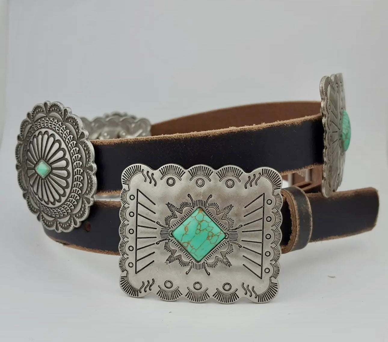 Western Distressed Leather Belt with Concho and Turquoise Accent