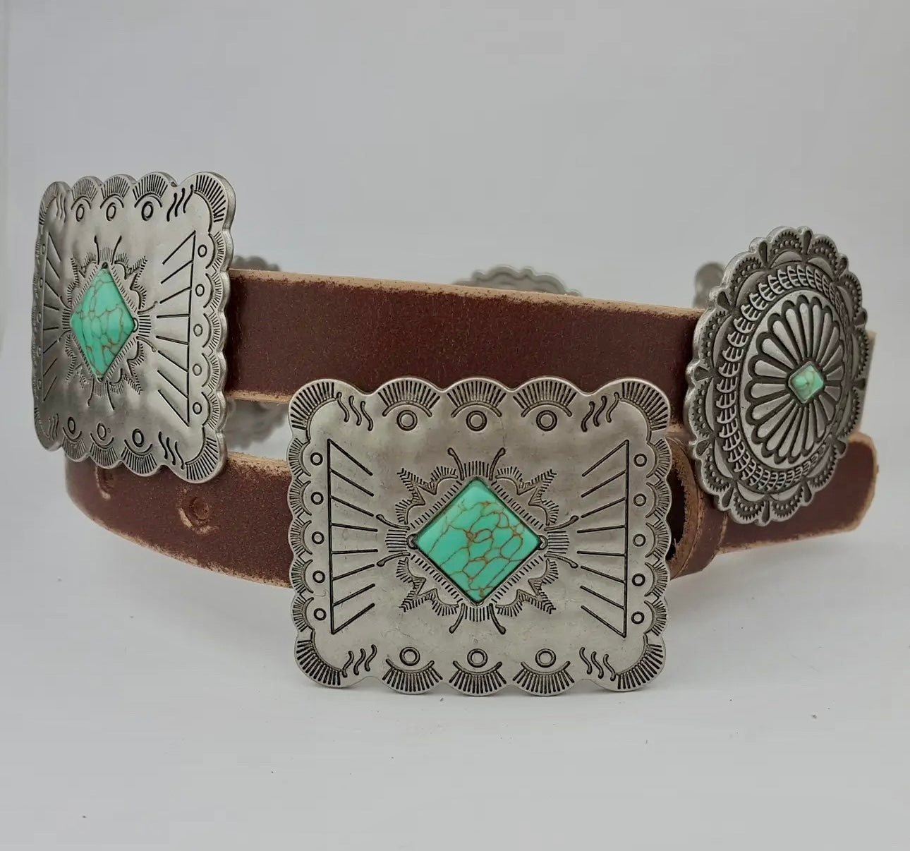 Western Distressed Leather Belt with Concho and Turquoise Accent